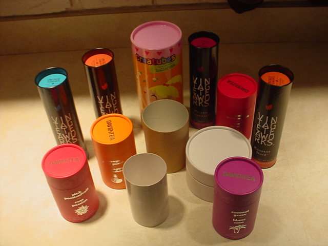 A batch of paper tubes with printed designs