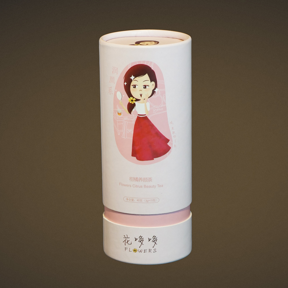 A pink paper tube with a drawing of a little girl